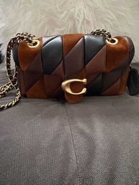 Coach Quilted Patchwork Shoulder Bag in Brown and Black Suede.
Tabby 20